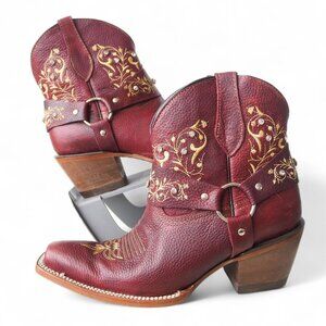 Botas Artillero Embroidered Harness Leather Ankle Boots Burgundy Women's 9.5